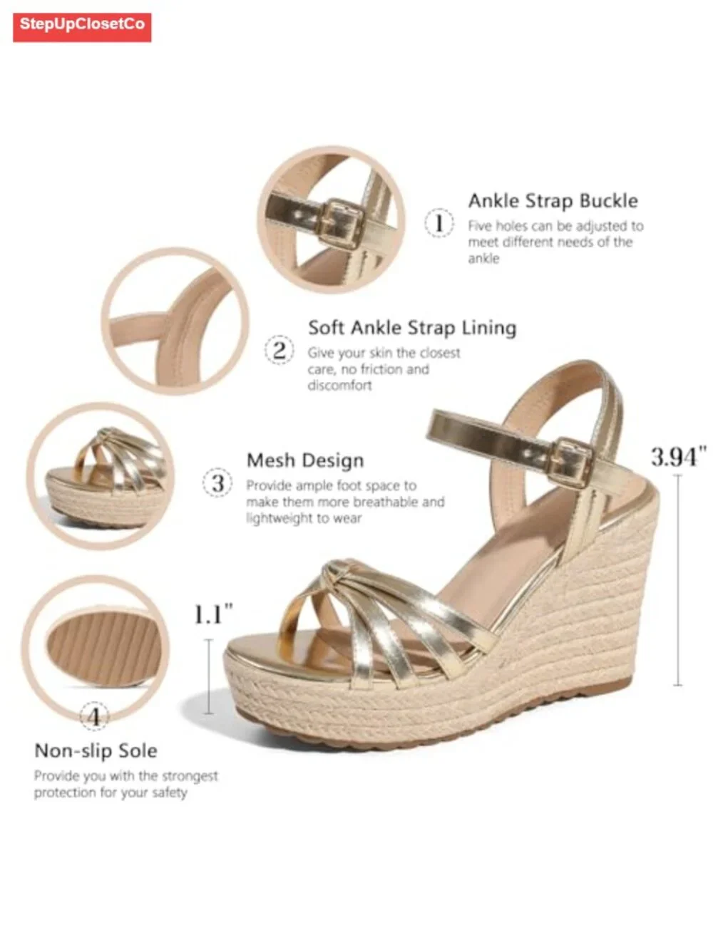 Linen Straw Espadrille Wedge Sandals | Open Toe Platform with Adjustable Buckle